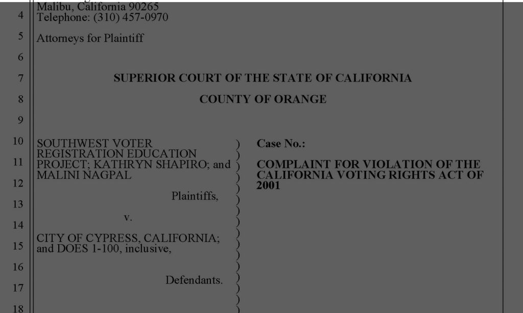 Breaking Lawsuit filed against Cypress alleging Voting Rights Violations