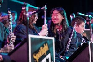 Students smile inbetween songs during Spotlight Jazz concert. 
Photo by Andrew Ficke